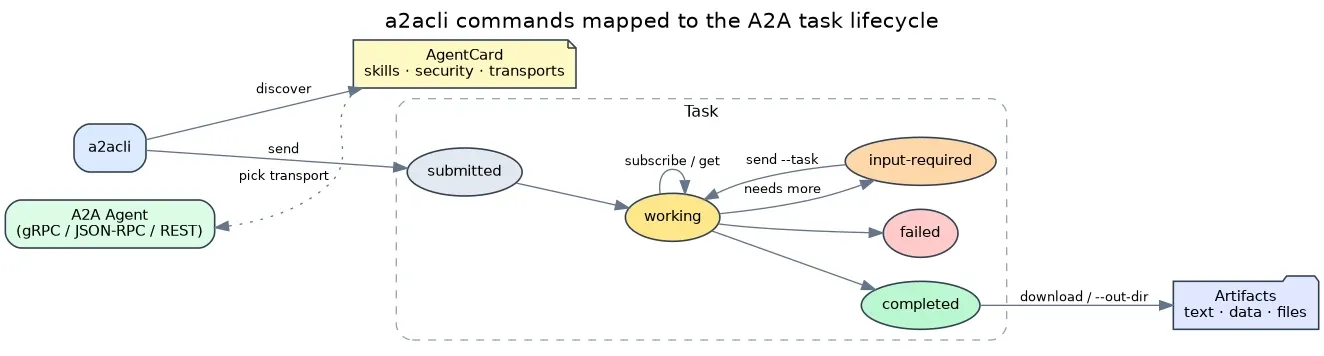 a2acli commands mapped to the A2A task lifecycle: discover fetches the AgentCard; send submits a task that moves submitted → working → completed / failed / input-required; subscribe and get observe a working task; download retrieves artifacts from a completed task.